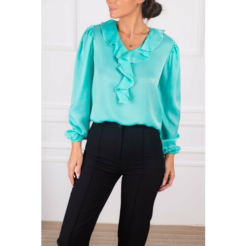 armonika Women's Turquoise Cotton Satin Blouse with Frilled Collar on the Shoulders and Elasticated Sleeves Slike