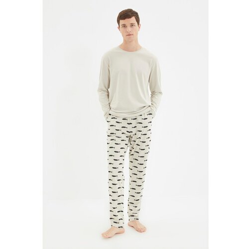 Trendyol beige men's regular fit printed knitted pajamas set Slike