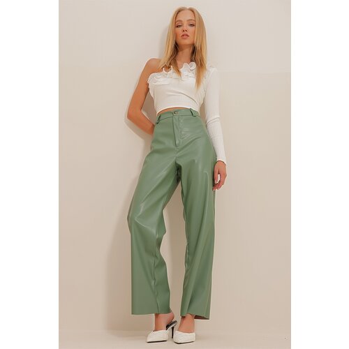 Trend Alaçatı Stili Women's Green Double Pocket Palazzo Leather Trousers Slike