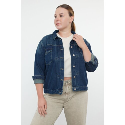 Trendyol Curve Dark Blue Heart Detailed Plus Size Denim Jacket Slike