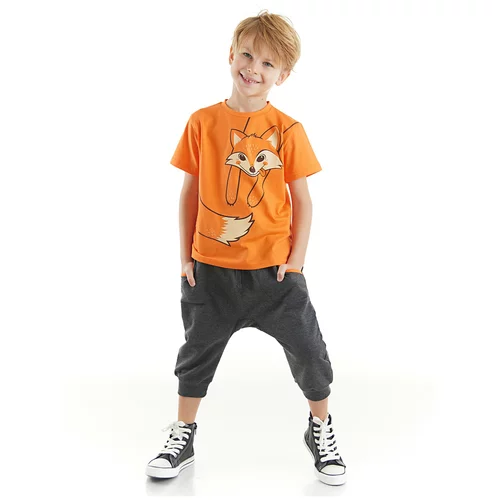 Denokids Orange Fox Boys Orange T-shirt Dark Gray Capri Shorts Set