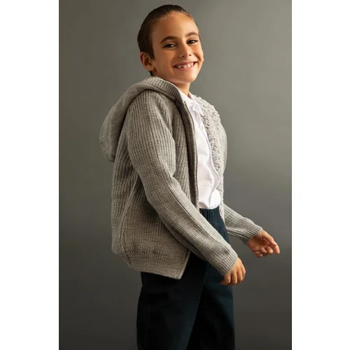 Defacto Boy's Gray Hooded Knitwear School Cardigan