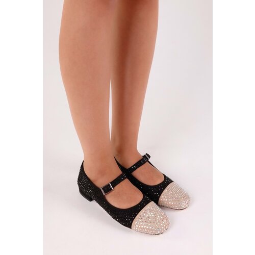 Shoeberry Women&amp;#039;s Crystal Black-Skin Stone Ballerina Ballet Black-Skin Slike