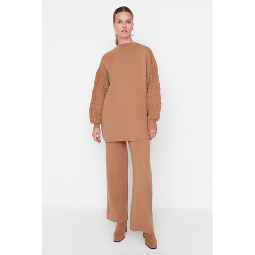 Trendyol Brown Sleeves Knitted Detailed Knitwear Hijab Bottom-Top Set Slike
