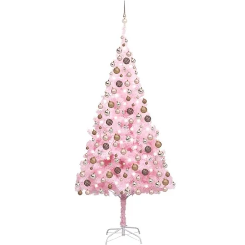  Umetna novoletna jelka z LED lučkami in bučkami roza 210 cm