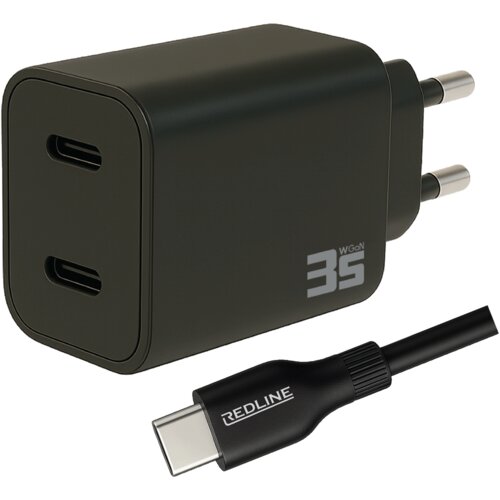 Redline Punjač sa USB-C kablom PQ351CC+CC1.2M60W, 2 x USB-C, brzi, 35W, GaN, Crni Slike