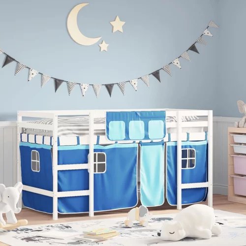 vidaXL Dječji krevet na kat i zavjese plavi 90x190 cm borovina
