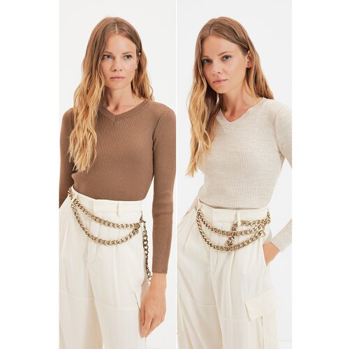 Trendyol Brown-Stone V-Neck 2-Pack Crop Knitwear Sweater Slike