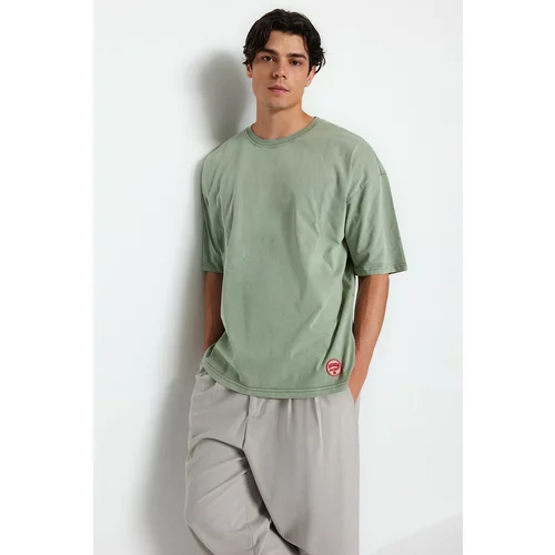 Trendyol Limited Edition Green Men's Oversize/Wide Cut Vintage/Faded Effect 100% Cotton Thick T-Shirt