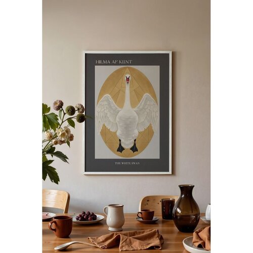 Wallxpert uramljena slika 115230, The White Swan Hilme af Klint, beli labud u zlatnom ovalu, 50 x 70 cm, beli ram Slike