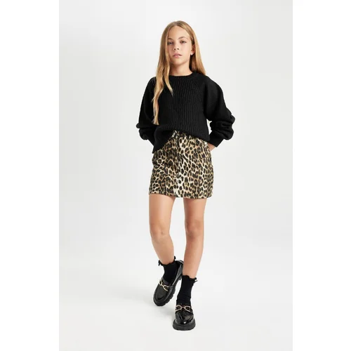 Defacto Girl's Leopard Patterned Gabardine Skirt with Pockets