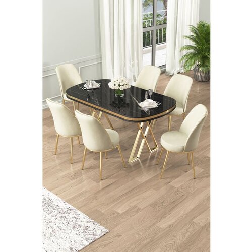 Hanah home Lai - Black Marble, Gold, Cream Black MarbleGoldCream Dining Table & Chairs Set (7 Pieces) Cene