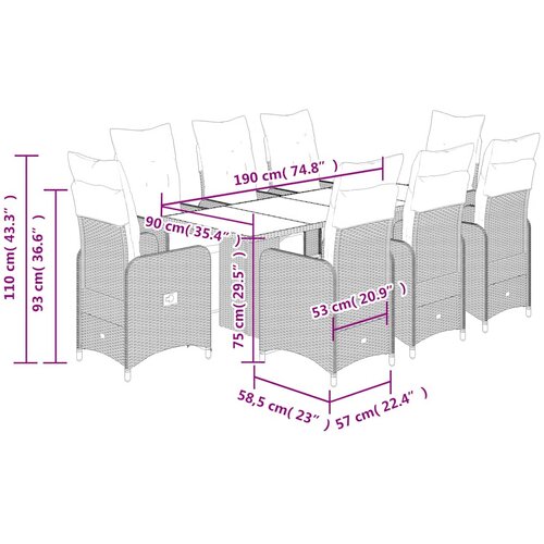  9-dijelni vrtni bistro set od poliratana s jastucima smeđi Smeđa 190 x 80 x 75 cm Slike