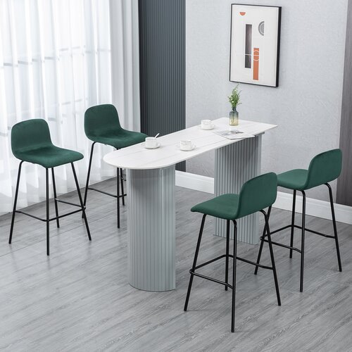 HOMCOM komplet 4 visokih stolčkov z naslonom za noge za kuhinjo in bar iz žametnega poliestra, jekla in pene, 40x45,5x94cm, zelena in črna, (20745208) Cene