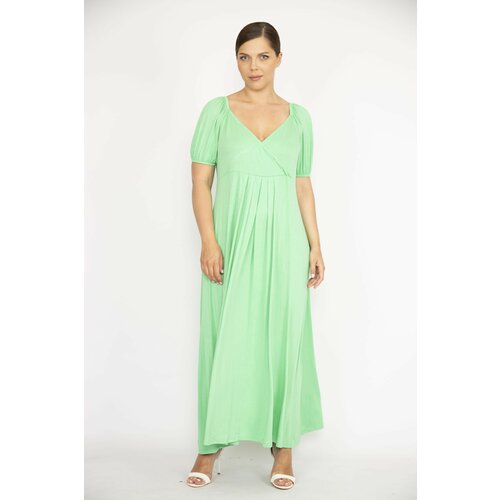 Şans Women's Plus Size Green Elastic Detailed Shoulder And Arm Cuff Dress With Wrap Neck Slike