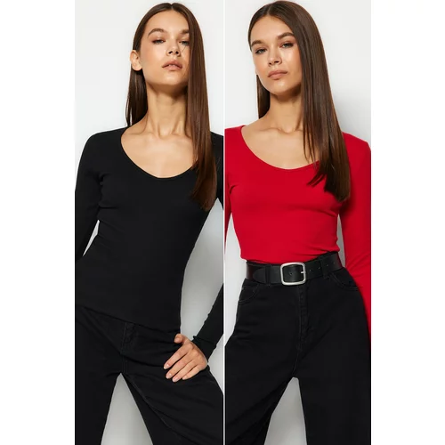 Trendyol Black-Red 2-Pack V-Neck Fitted/Sticky Cotton Knitted Blouse
