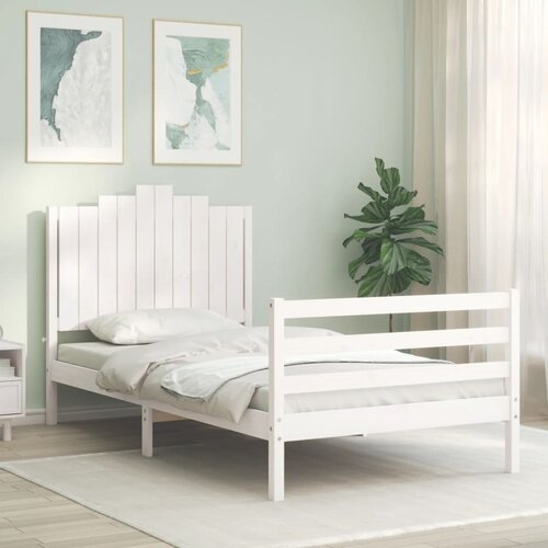  The Living Store Posteljni okvir z vzglavjem bel 100x200 cm trden les - Posteljni Okvir, (21439815) Cene