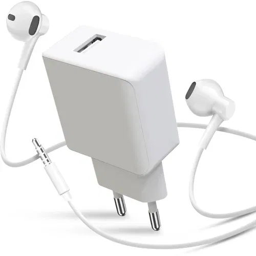 AVIZAR Paket 2 v 1: omrežni polnilnik USB 2,1 A Jack 3,5 žicne slušalke s kompletom za prostorocno telefoniranje - bele, (20731562)