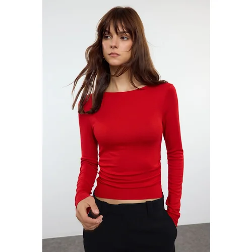  Red Fitted/Fits the Body Gathered/Drape Detailed Boat Neck Flexible Knitted Blouse