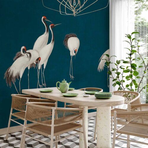  Foto tapeta - Evening by the pond - a group of cranes drawn in dry pastel on a dark turquoise background 100x70 Vodootporna Cene