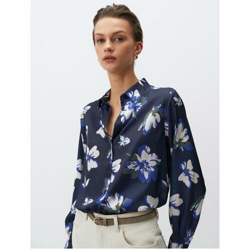 Jimmy Key Navy Blue Long Sleeve Floral Satin Shirt Cene