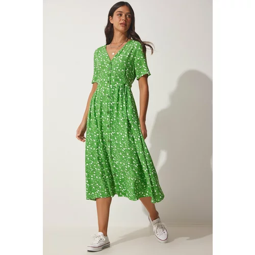 Happiness İstanbul Women's Green Floral Viscose Summer Dress with One Button