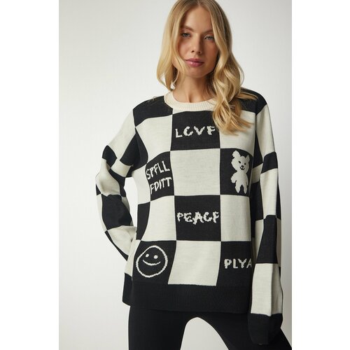 Happiness İstanbul Women's Cream Black Checkerboard Pattern Knitwear Sweater Slike