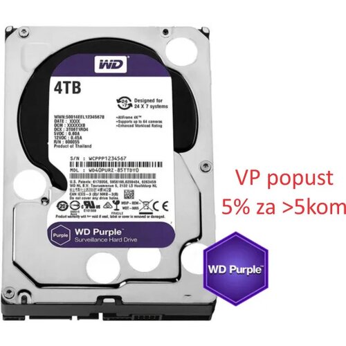 Western Digital HDD 3.5, 4TB, WD43PURZ, Purple, 24/7, 5400RPM, 256MB, SATA3 Cene