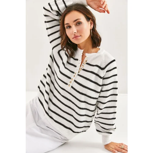 Bianco Lucci Women's Button-down Collar Turtleneck Striped Knitwear Sweater