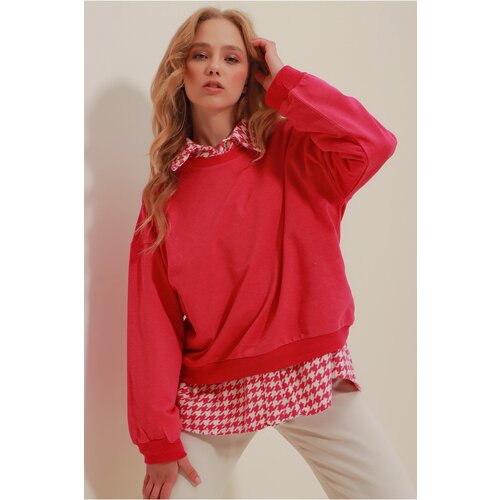 Trend Ala&amp;ccedil;atı Stili Women&amp;#039;s Fuchsia Crew Neck Oversized Basic Sweatshirt Slike