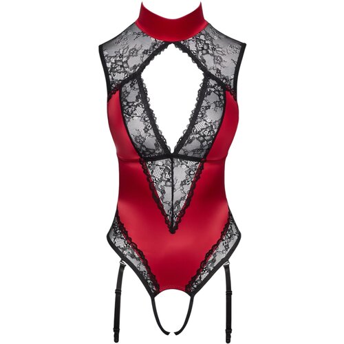 Cottelli Crotchless Satin &amp;amp; Lace Suspender Body 2643693 Red-Black M Slike