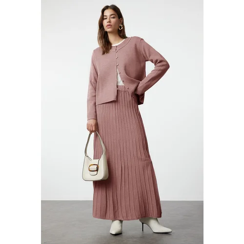 Trendyol Dusty Rose Buttoned Cardigan-Skirt Knitwear Bottom-Top Set