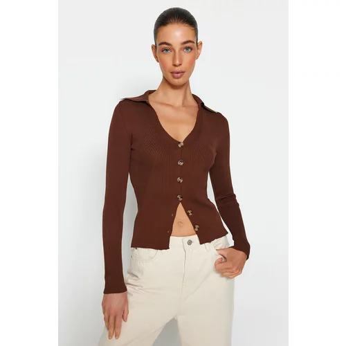 Trendyol Brown Polo Collar Knitwear Cardigan