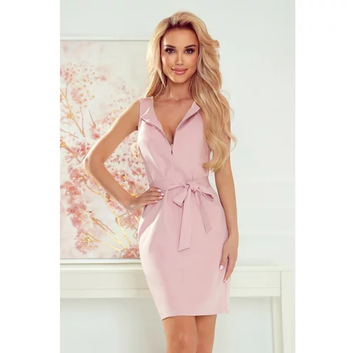 NUMOCO 380-2 Dress with a golden zipper and a tie - DIRTY PINK
