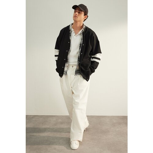 Trendyol Black Men&amp;#039;s Regular/Regular Fit Sweatshirt with Stripes on the Sleeves and a Pile Interior, Cardigan. Slike