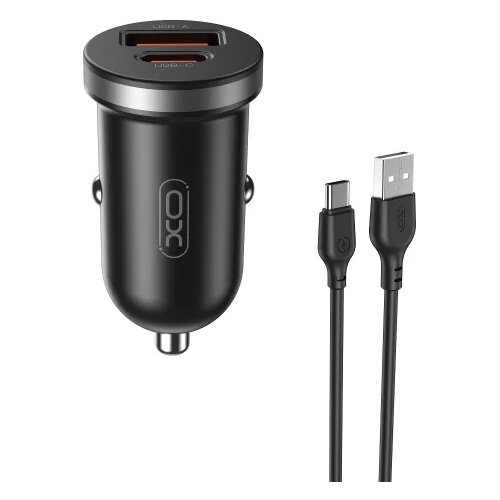 XO car charger CC56 PD 30W QC 1x USB 1x USB-C black + USB - USB-C cable Slike