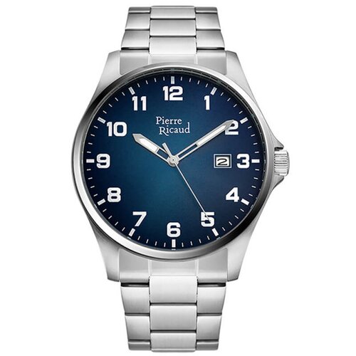 Pierre Ricaud muški quartz arabic datum plavi srebrni elegantni ručni sat sa srebrnim metalnim kaišem Cene