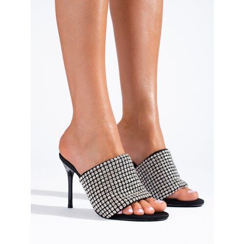 SHELOVET Elegant Rhinestone flip-flops with heels black Slike