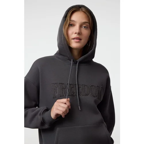 Trendyol Anthracite Hooded Oversize/Wide Pattern Thick Polar Fleece Knitted Sweatshirt