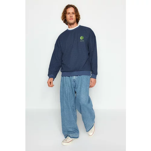 Trendyol Indigo Men's More Sustainable Oversize Crew Neck Long Sleeve Embroidery Detailed Sweatshirt.