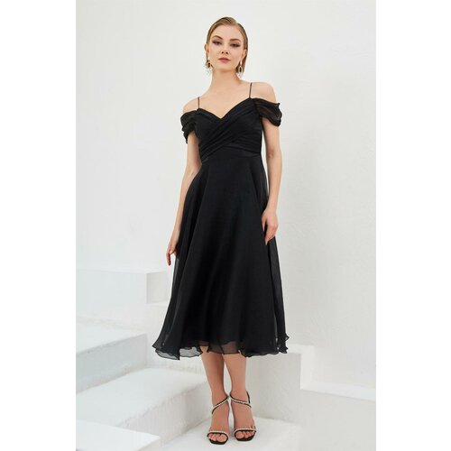 Carmen Black Organza Low Sleeve Short Evening Dress Slike