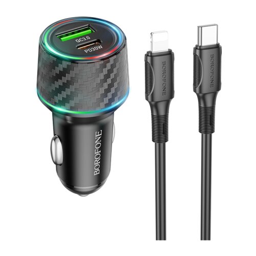 Borofone Auto Punjač sa kablom 1m Type-C to iPhone/lightning BZ21 Brilliant 48W dual port PD30W+QC3.0 USB + Type-C car set black Cene