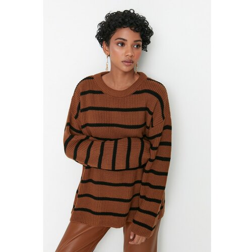Trendyol Camel Striped Oversize Knitwear Sweater Slike
