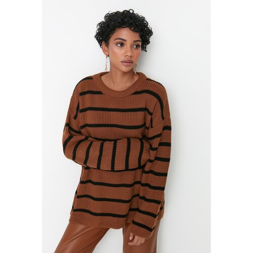 Trendyol Camel Striped Oversize Knitwear Sweater Cene