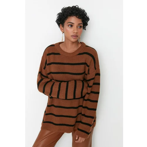 Trendyol Camel Striped Oversize Knitwear Sweater
