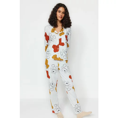 Trendyol Gray Melange 100% Cotton Teddy Bear Patterned Shirt-Pants Knitted Pajamas Set