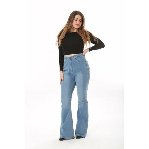 Şans Women's Plus Size Blue High Waist Wide Leg Lycra 5 Pocket Jeans Slike