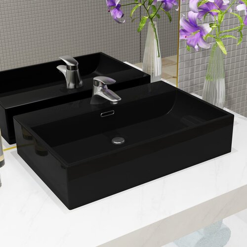 The Living Store Umivalnik z odprtino za pipo iz keramike črn 76x42,5x14,5 cm - Umivalnik, (21493855) Cene