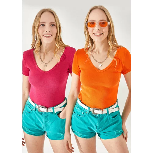 Olalook Women's Fuchsia-Orange V-Neck Short Sleeve 2-Pack Suit Blouse