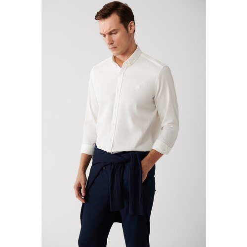 Avva Men's Ecru Shirt Buttoned Collar 100% Cotton Ribbed Velvet Standard Fit Regular Fit Slike